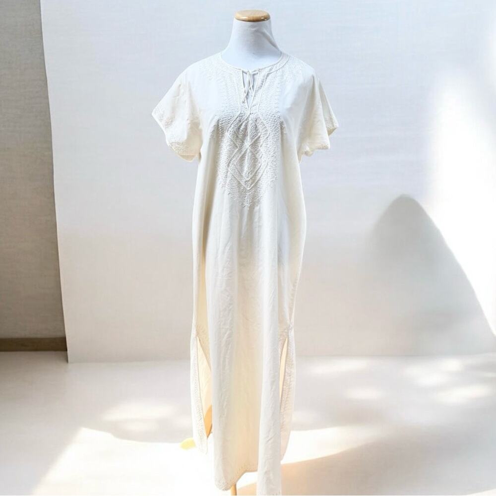 Vintage 70's Hawaii Boho Embroidered Ivory Resort Wear Kaftan Gown Womens Large